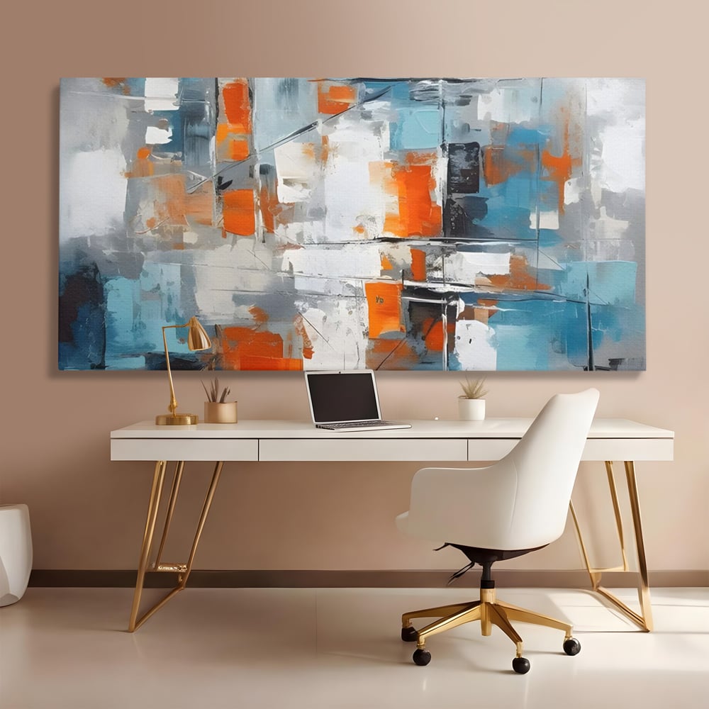 Tablou canvas cu pictura abstracta cu blocuri portocalii si albastre, fara rama, pe sasiu de lemn, pe perete intr-un birou